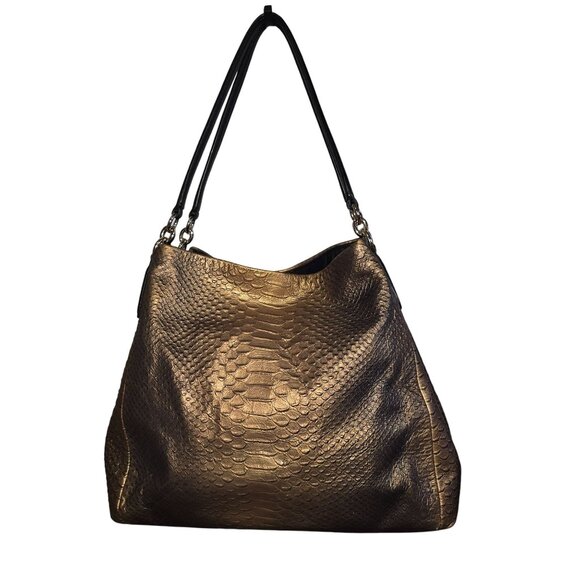 Coach Ombre Gold Metallic Python Embossed Leather Shoulder Bag Dual Black Handle - Picture 1 of 12